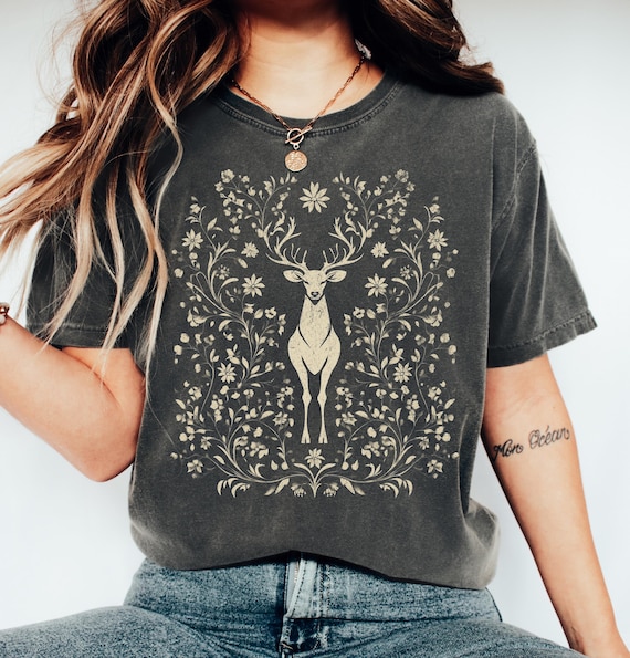 Boho Floral Deer Shirt Comfort Colors, Cottagecore Aesthetic Woodland Tee for Nature Lovers, Vintage Botanical Animal Shirt, Forestcore Gift