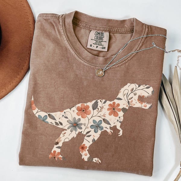 Comfort Colors Floral T-Rex Shirt, Cute Dinosaur Tee for Women or Girls, Boho Jurassic Graphic T-shirt, Funny Dino Lover Gift for Her Tee
