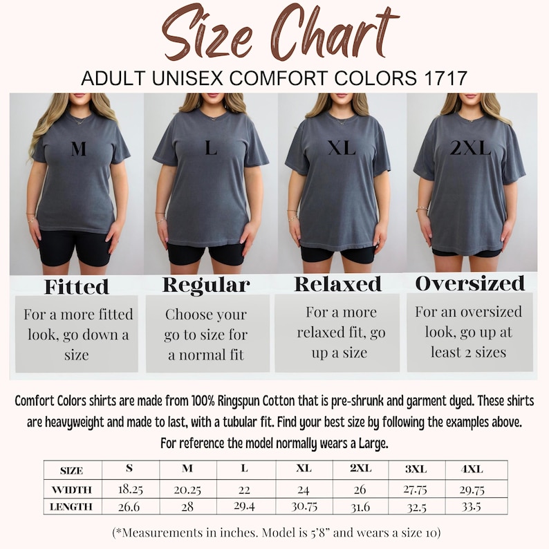 May include: A size chart for Comfort Colors 1717 adult unisex t-shirts. The image displays four variations of a charcoal gray t-shirt labeled M, L, XL, and 2XL, alongside a table listing width and length measurements in inches from S to 4XL.