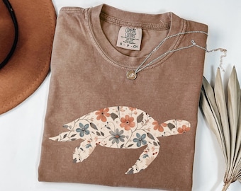 Comfort Colors Sea Turtle Shirt, Floral Turtle Tee, Coastal Ocean Animal Shirt, Turtle Lover Gift, Beach Nature Lover Tee For Women