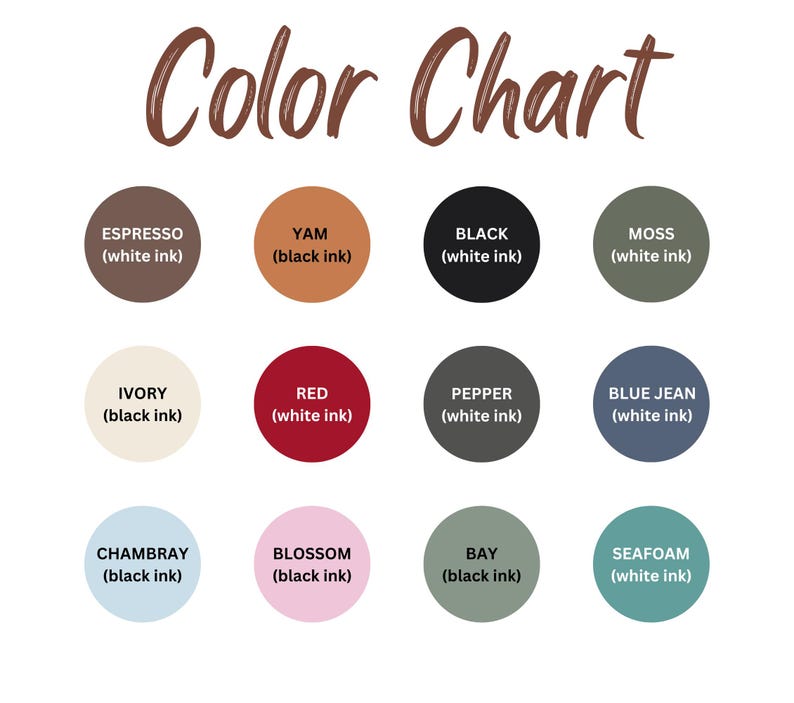 May include: A color chart with twelve color swatches in a circular shape. The colors include Espresso, Yam, Black, Moss, Ivory, Red, Pepper, Blue Jean, Chambray, Blossom, Bay, and Seafoam. Each swatch is labeled with the color name and ink color.