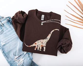 Floral Brontosaurus Sweatshirt, Cute Dinosaur Pullover for Women or Girls, Boho Dinosaur Lover Gift, Aesthetic Graphic Sweater