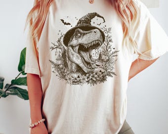 Comfort Colors® Halloween T-Rex Shirt, Spooky Dinosaur Graphic Tee, Scary Jurassic Tee, Rustic Dino Lover Top, Horror Dinosaur Halloween Tee