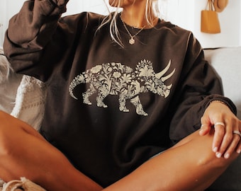 Boho Dinosaur Sweatshirt, Floral Triceratops Sweater, Cottagecore Dino Sweater, Vintage Dinosaur Lover Shirt, Cute Triceratops Sweater