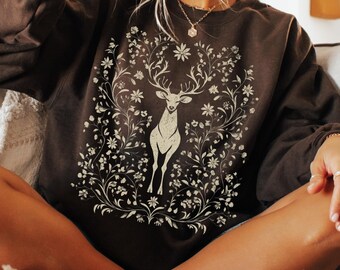 Floral Deer Sweatshirt, Botanical Crewneck, Cottagecore Deer Sweater, Woodland Animal Shirt, Nature Lover Gift, Cozy Forest Sweatshirt