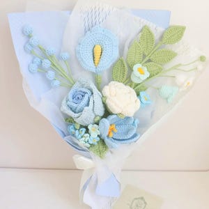 Gehaakt tulpenboeket, handgemaakte roos, calla lelie, lelie, gepersonaliseerd cadeau voor moeder, afstuderen, huisdecoratie, gebreide lavendel