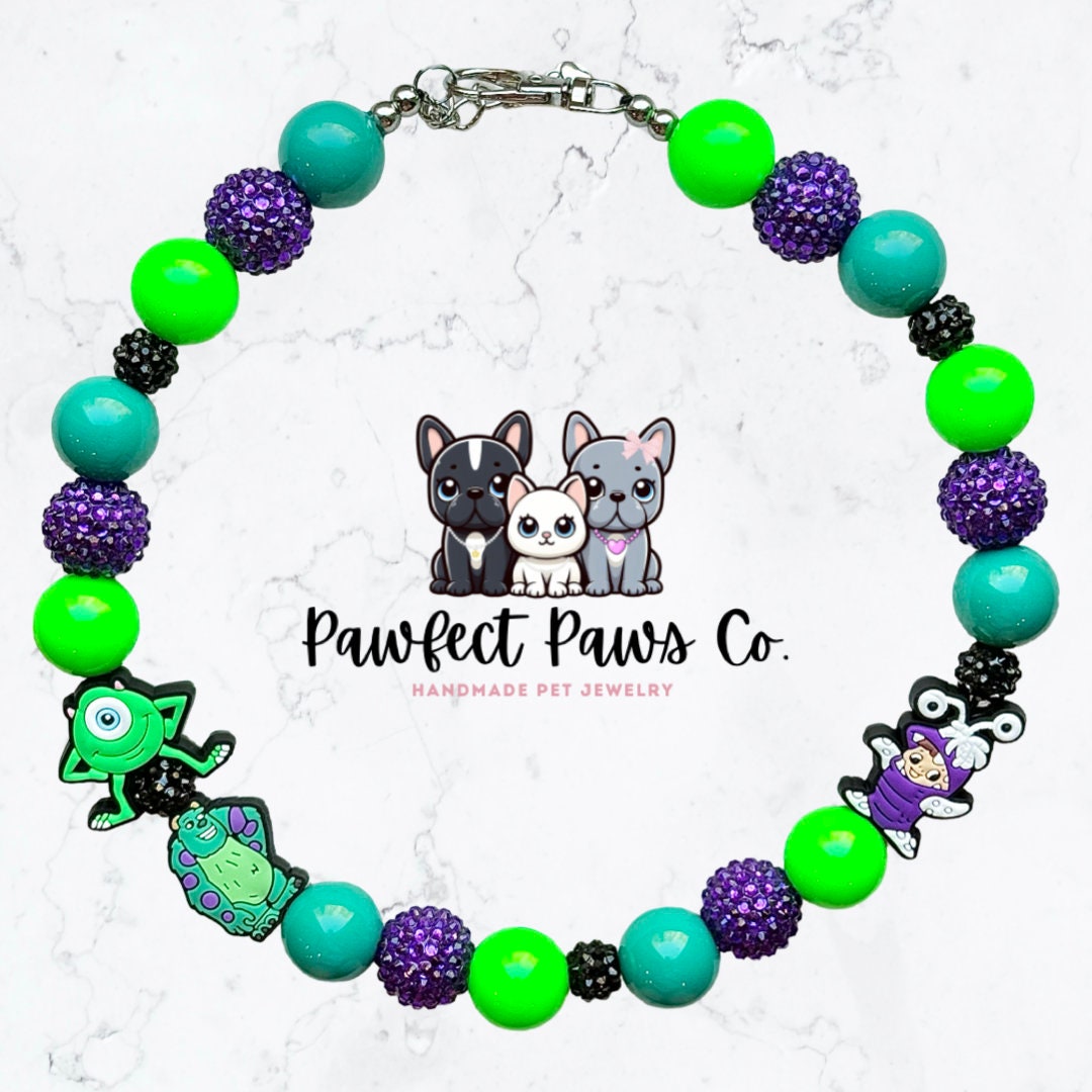 Monster Boos* Teal, Green Purple Sparkle Monsters Custom Beaded Dog/Cat  Necklace!