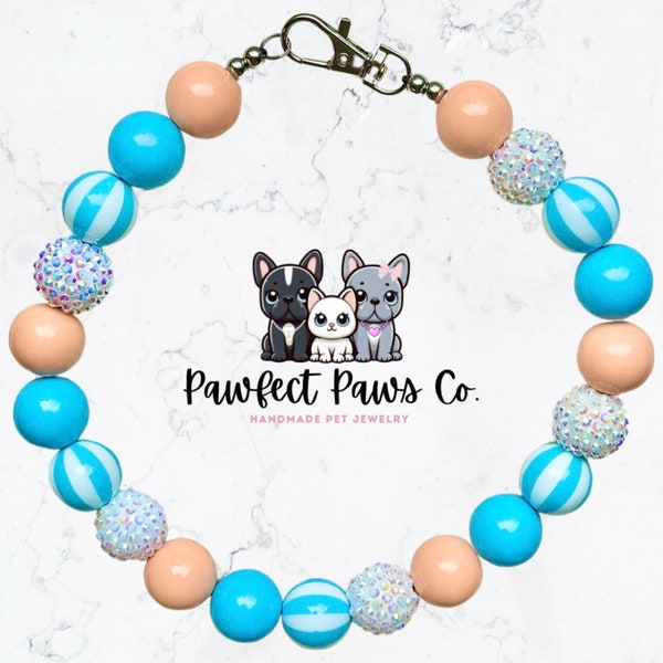 Beach Ballin’* Blue, Salmon & White Sparkle Beach Summertime Custom Beaded Dog/Cat Collar Necklace!