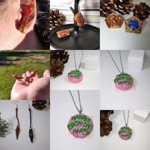 May include: A set of Harry Potter themed jewelry, including a pair of earrings with a golden snitch, a pair of earrings with a broomstick, and a necklace with a pink cake charm that says "Happy Birthday Harry".