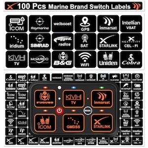 May include: A set of 100 marine brand switch labels, featuring various icons and brand names like ICOM, Raymarine, and Starlink. The labels are black with white text and icons, designed for marine electronics.