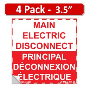 LV 4-Pack 5&quot; x 3.5&quot; Main Electric Disconnect Bilingual French Français Decal Labels Emergency Danger Sign Notice Sticker Heavy Duty Vinyl