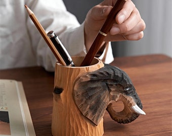 Creative pen holder storage pen holder simple home accessories carving gifts solid wood wood carving ornaments elephant pen holder