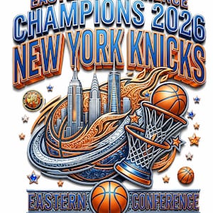 May include: A graphic design featuring the text EASTERN CONFERENCE CHAMPIONS 2026 NEW YORK KNICKS. The image includes a stylized New York City skyline, a basketball hoop with a net, multiple basketballs, and small stars in blue and orange colors.