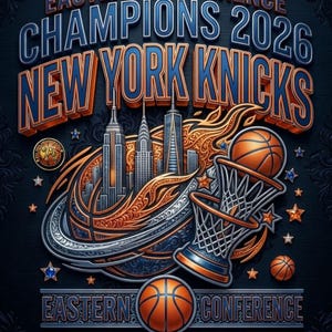 May include: A digital graphic celebrating the New York Knicks' Eastern Conference Championship in 2026. The design features a basketball, cityscape, and the team's name in bold, 3D lettering, with a dark blue and orange color scheme.