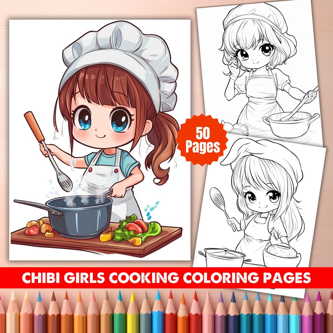 50 Chibi Girls Cooking Coloring Pages – Kawaii Kitchen Art (PDF) - Etsy
