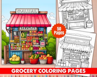 Grocery Store Coloring Book: Grayscale Buildings (Printable PDF & JPG Files, 8.5x11 Inches