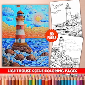 May include: A lighthouse scene coloring book with 50 pages. The cover features a colorful illustration of a lighthouse on a rocky shore with a red and white striped tower, blue water, and a sunset. The text "LIGHTHOUSE SCENE COLORING PAGES" is at the bottom.