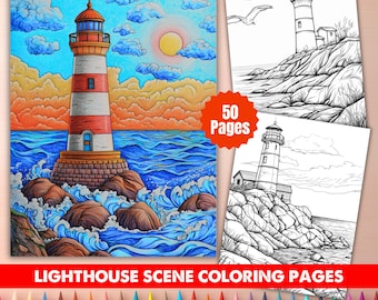 Lighthouse Coloring Book (50 Pages) | Coastal Scene Printable (PDF)