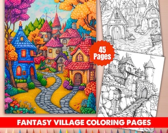 Fantasy Village Coloring Pages: 45 Magical Houses & Towns (Digital Download)