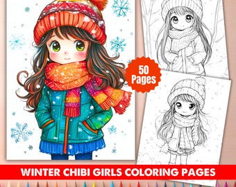 冬のちびガールズぬりえ：かわいい衣装（デジタルダウンロード、PDF/JPGファイル）
