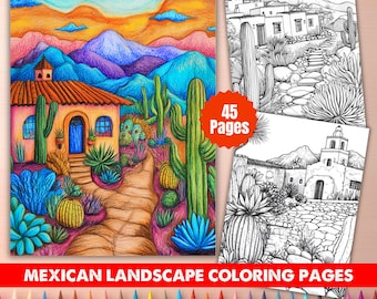 45 páginas para colorear de paisajes mexicanos / Libro para colorear imprimible de paisajes mexicanos para adultos