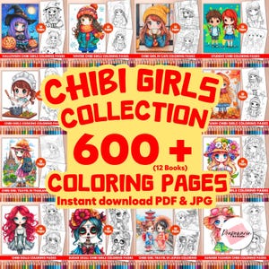 Kawaii Chibi Girls Coloring Book Bundle – 12 Books, 600 Pages – Seasonal, Travel, Cafe, Princess, Cooking – Instant Download