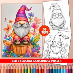 Cute Gnome Coloring Pages for Kids & Adults – 50 Printable PDF Sheets – Whimsical Garden Gnomes, Relaxing Coloring Fun