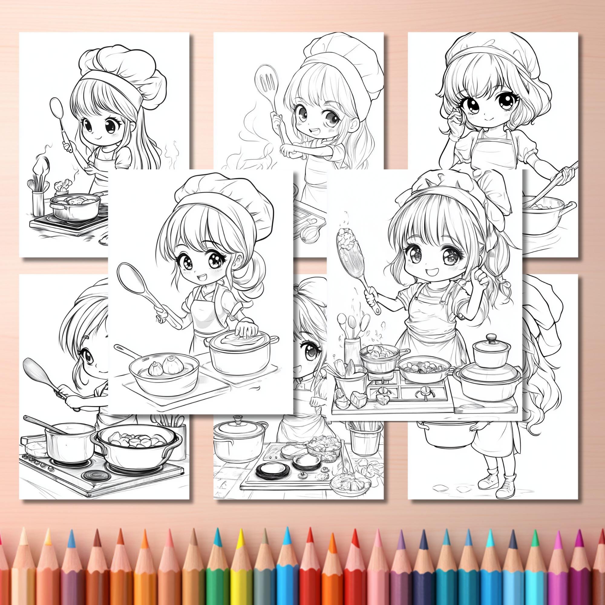 50 Chibi Girls Cooking Coloring Pages – Kawaii Kitchen Art (PDF) - Etsy