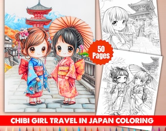 Op de afbeelding: Een kleurboek met twee chibi-meisjes in Japanse kimono's, een met een parasol, tegen een achtergrond van een pagode en bergen. De cover leest "CHIBI GIRL TRAVEL IN JAPAN COLORING" en "50 Pages".