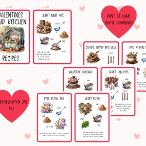 Peut inclure: Un ensemble de recettes de cuisine de boue sur le thème de la Saint-Valentin à imprimer. Les recettes comprennent des tartes à la boue en forme de cœur, des bretzels en forme de flèche de Cupidon, une soupe de potion d'amour, un cupcake de la Saint-Valentin, des sucettes en forme de cœur, du thé aux pétales de rose et une pizza en forme de cœur. Les recettes sont illustrées par des dessins à l'aquarelle.