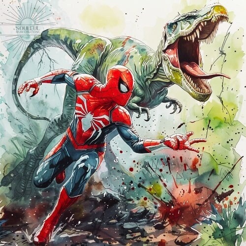 スパイダーマンとティラノサウルス・レックスのデジタル水彩画 - 子供