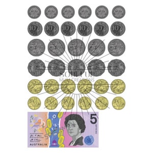 Può includere: Una collezione di monete australiane, tra cui monete da 10 centesimi, 20 centesimi, 50 centesimi e 1 dollaro, disposte in un cerchio attorno a una banconota australiana da 5 dollari con un ritratto della regina Elisabetta II. La banconota ha il testo "AUSTRALIA" stampato su di essa.