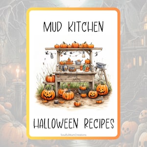 Schede di ricette stampabili per Halloween Mud Kitchen - All'aperto, scuola nella foresta, ispirate alla natura, lavoretti di Halloween, gioco sensoriale, apprendimento educativo