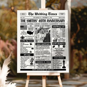 Può includere: Una stampa di giornale incorniciata che celebra il 40° anniversario di matrimonio dei Smith. Il design in bianco e nero include il titolo "The Wedding Times", una foto della coppia e dettagli sull'anno del loro matrimonio, comprese le canzoni popolari.