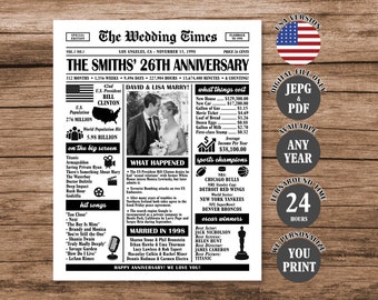 26th Wedding Anniversary Newspaper Poster, 1998 Anniversary Sign, 26th Anniversary Gift, Married in 1998 Poster Digital Download