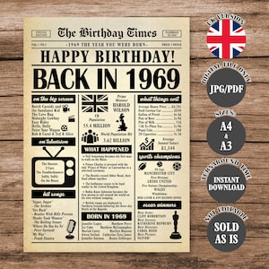 1969 UK Birthday Newspaper Poster: 56th Birthday Gift (Digital Download)