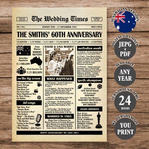 Australia 60th Anniversary Newspaper Poster, 1965 Anniversary Sign, 60th Wedding Anniversary Gift, Married in 1965 Poster Australian Version