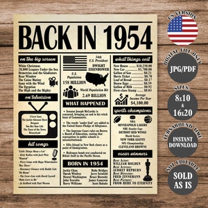 1954 Poster, 70 Years Ago Back in 1954, What Happened in 1954, 70th Birthday Sign, 70th Anniversary Poster Printable Digital Download