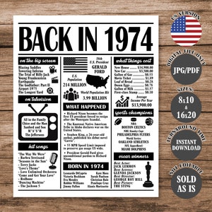 1974 Poster, Back in 1974, What Happened in 1974, Born in 1974, 50th Birthday Sign, 50th Anniversary Poster Printable Digital Download