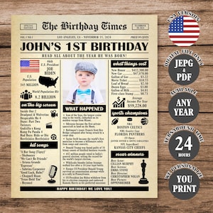 1st Birthday Newspaper Poster, Back in 2024 Poster, What Happened in 2024, 1st Birthday Gift, Born in 2024 Sign Digital Download