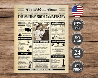 50th Wedding Anniversary Newspaper Poster: Married in 1976 Sign (Digital Download)
