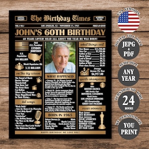Gold 60th Birthday Newspaper Sign, Back in 1965 Poster, 60th Birthday Gift, What Happened in 1965 Personalized Poster Digital Download