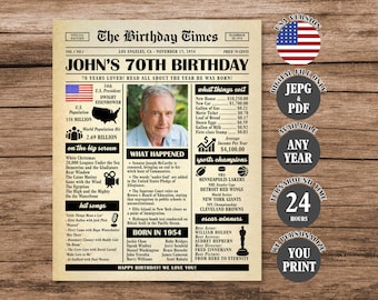 70th Birthday Newspaper Poster, Back in 1954 Sign, 70th Birthday Gift, What Happened in 1954 Personalized Poster Digital Download