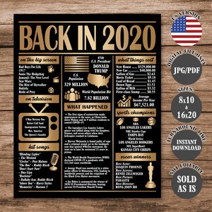 Gold Back in 2020 Poster 5 Years Ago, What Happened in 2020, 5th Birthday Sign, 5th Anniversary Poster Printable Digital Download
