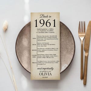 Custom 1961 Trivia Card 65th Birthday Party Favor Vintage Table Setting Printable Decor