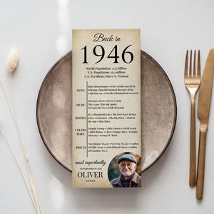 May include: A vintage-style card with the text "Back in 1946" sits on a plate with gold cutlery. The card lists facts from 1946, including world population, U.S. population, and the U.S. President. A photo of a man is at the bottom.