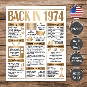 Gold Back in 1974 Poster, What Happened in 1974, 50th Birthday Sign, 1974 Poster, 50th Anniversary Poster Printable Digital Download