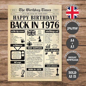 May include: A vintage-style print titled "The Birthday Times" from 1976, featuring headlines, news, and facts from that year. Includes UK flag, movie titles, hit songs, and Oscar winners. Available in A4 and A3 sizes.