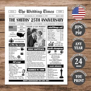 25th Wedding Anniversary Newspaper Poster, 1999 Anniversary Sign, 25th Anniversary Gift, Married in 1999 Poster Digital Download