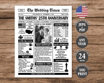 25th Wedding Anniversary Newspaper Poster, 1999 Anniversary Sign, 25th Anniversary Gift, Married in 1999 Poster Digital Download